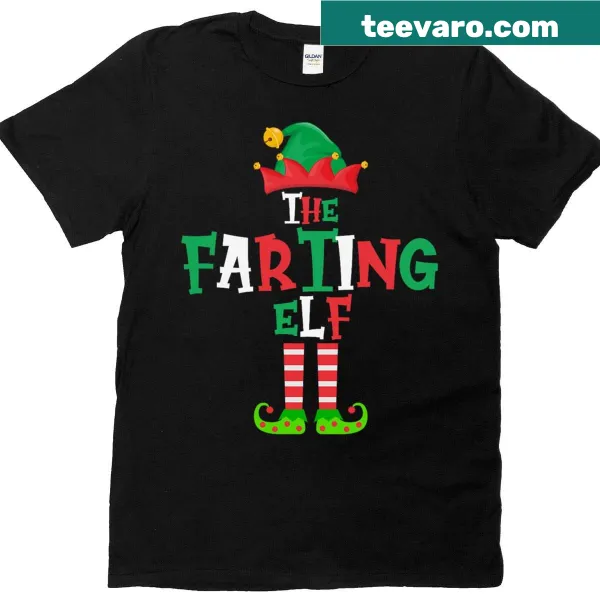 Funny family Christmas T-shirt featuring a cartoon farting elf