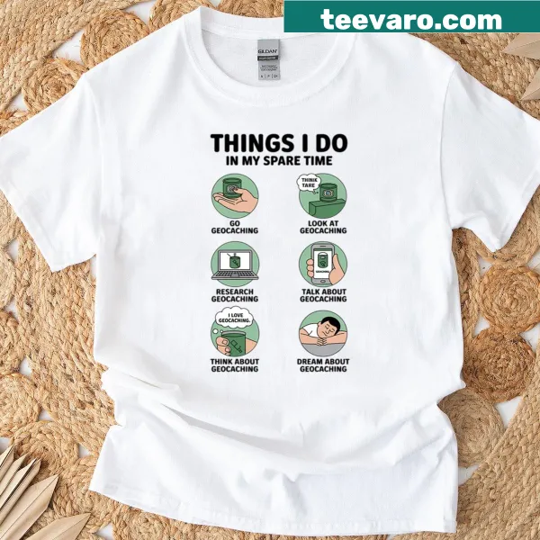 Typography graphic highlighting geocaching activities on a t-shirt
