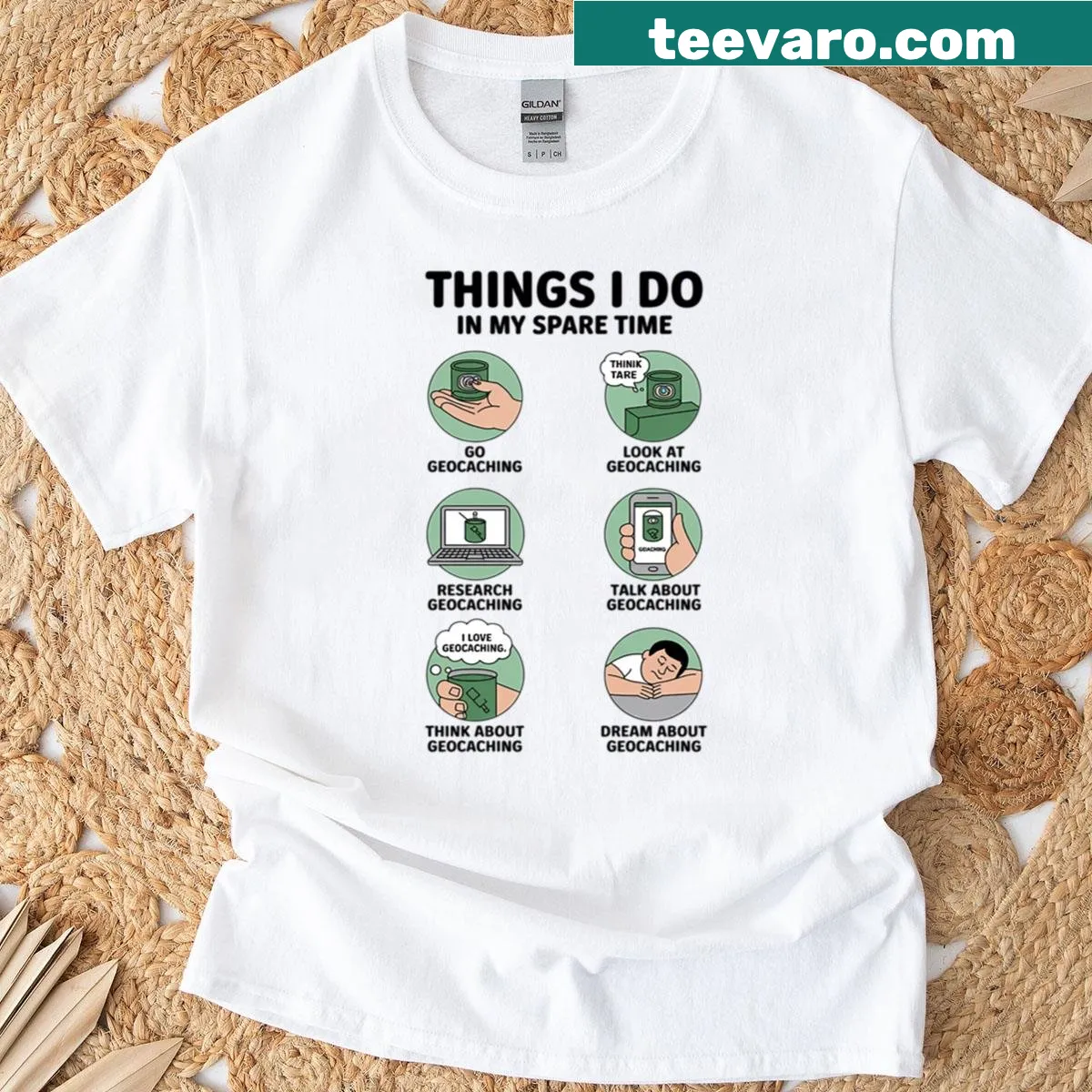 Typography graphic highlighting geocaching activities on a t-shirt — on a men's t-shirt