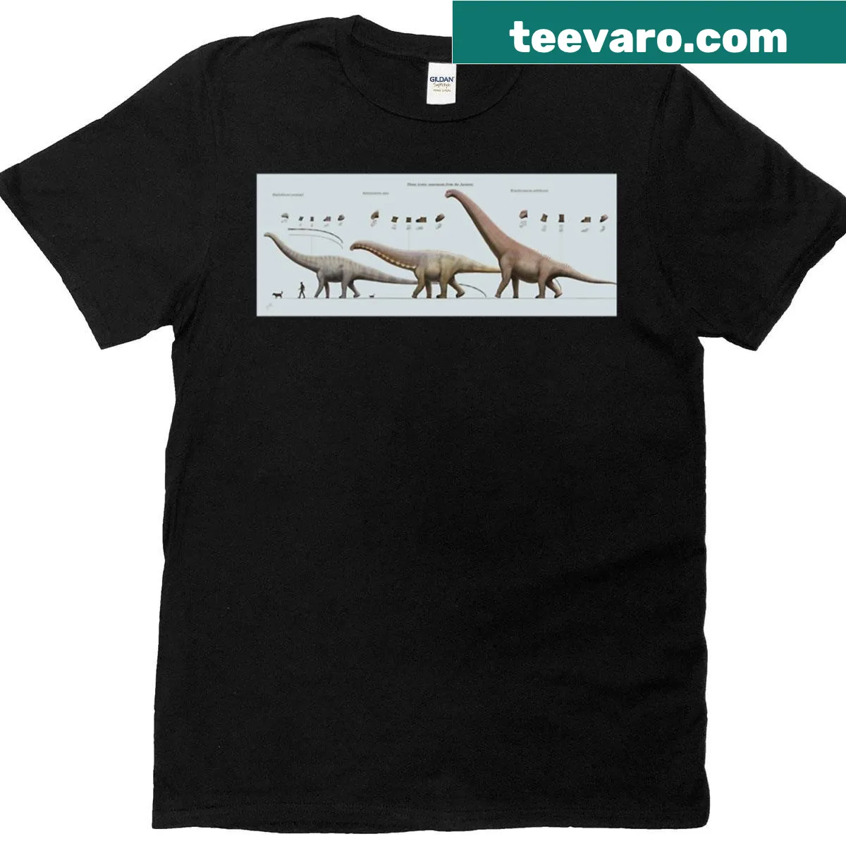 Illustrated shirt featuring three different sauropod dinosaurs from the Jurassic era. — on a men's t-shirt
