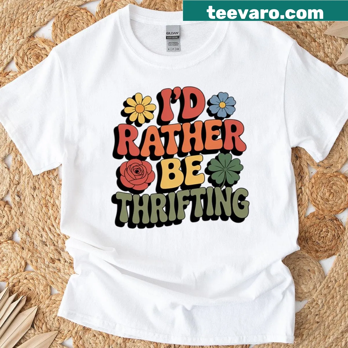T-shirt with text: I'd Rather Be Thrifting — on a men's t-shirt