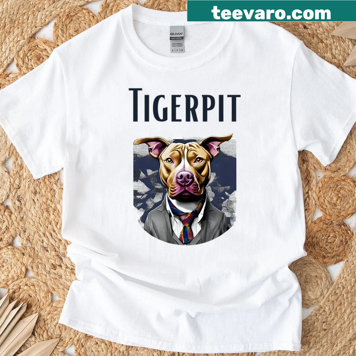 Illustrated golden pit tiger design on a t-shirt — on a men's t-shirt