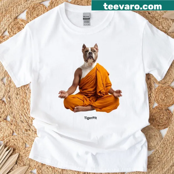 Illustration of a pit bull as a meditating monk on a t-shirt