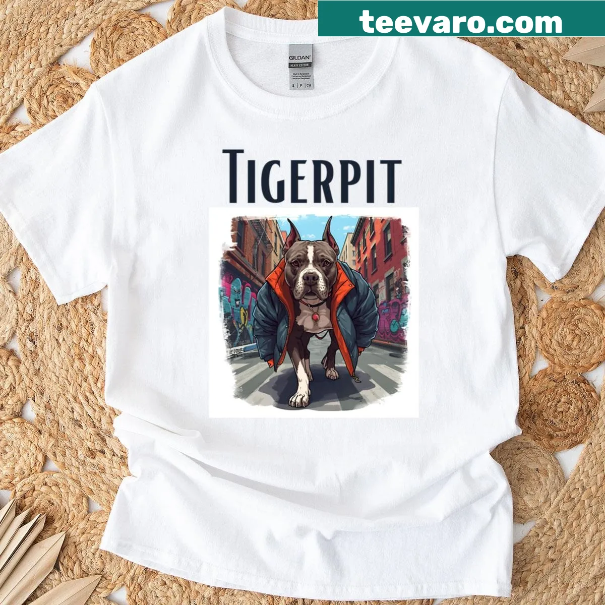 Tigerpit pit bull graphic T-shirt with vintage look — on a men's t-shirt