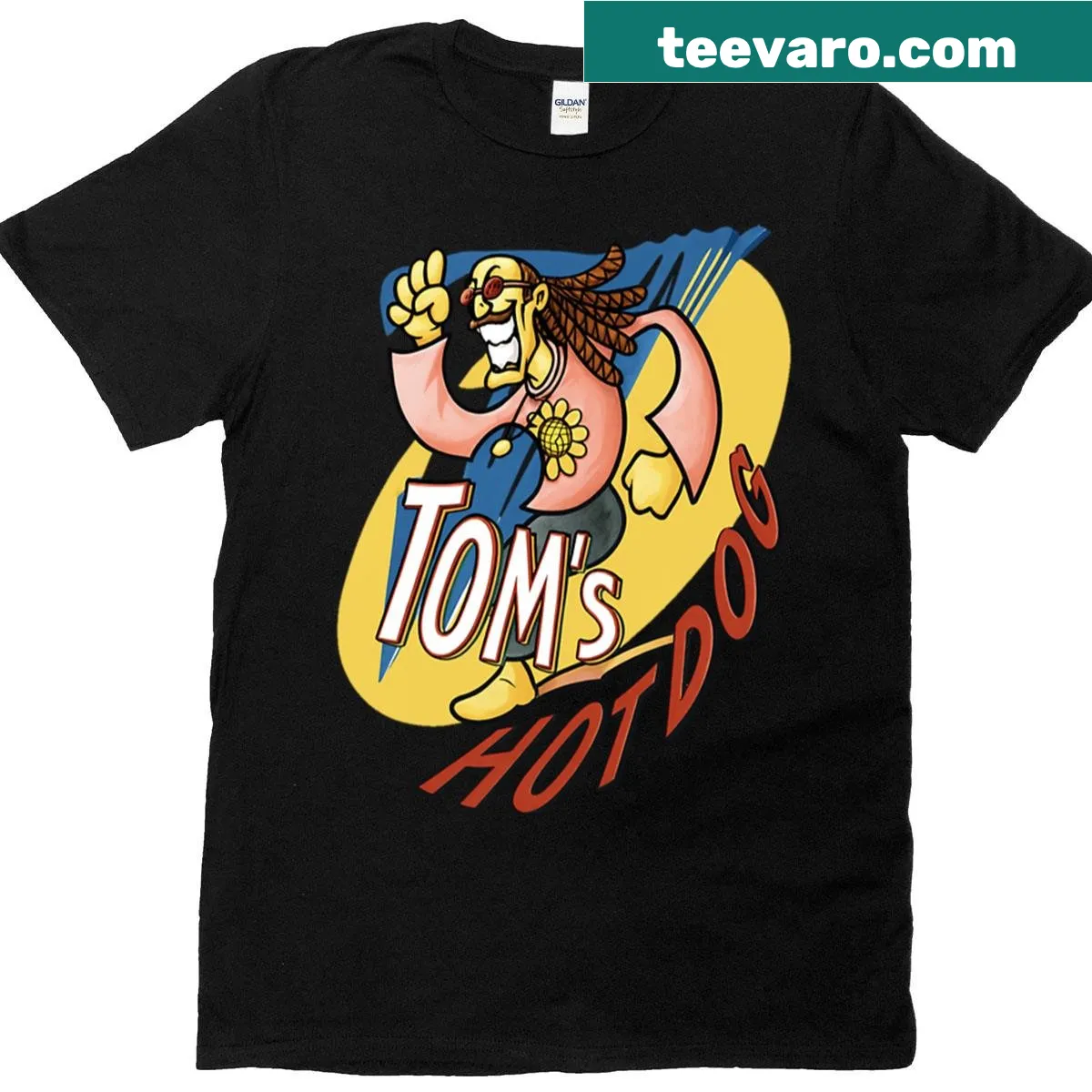 Oversized T-shirt featuring Tom's Hot Dog Shenmue-inspired logo — on a men's t-shirt