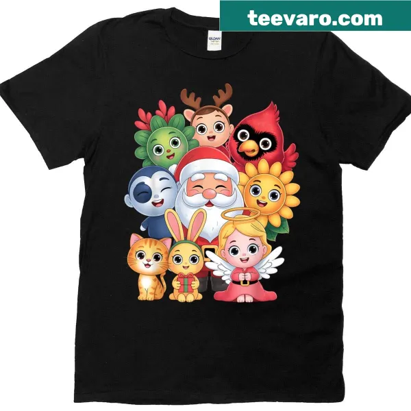 Cartoon characters in a festive Christmas scene on a t-shirt
