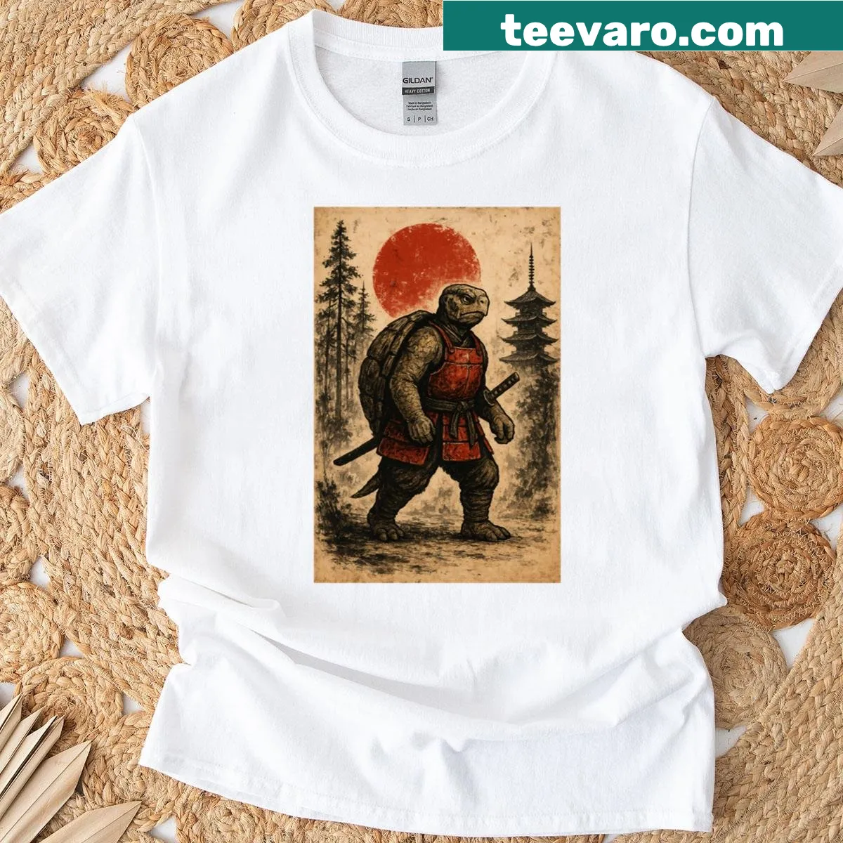 Illustrated graphic of a tortoise samurai warrior on t-shirt — on a men's t-shirt
