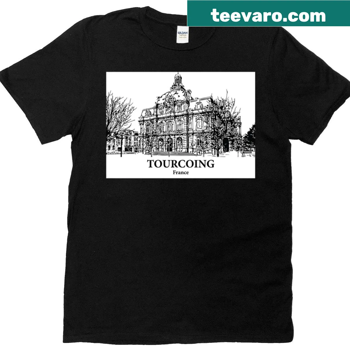 Illustrated Tourcoing France T-shirt showcasing city landmarks — on a men's t-shirt