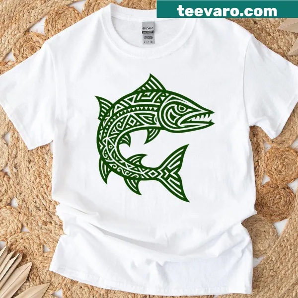 Tribal barracuda fish illustration on a T-shirt.