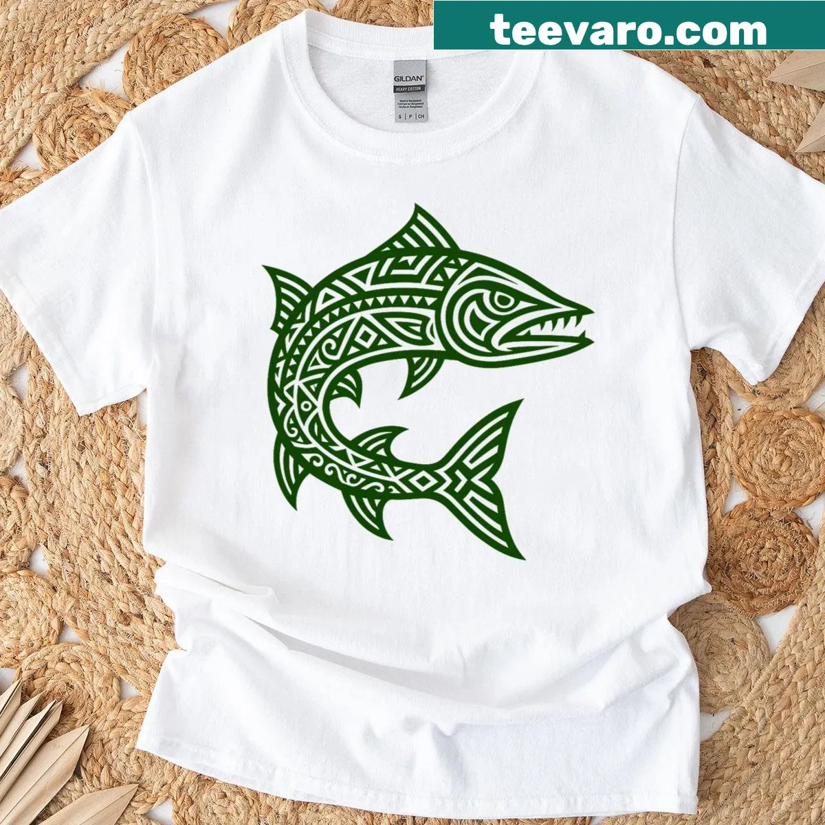 Tribal barracuda fish illustration on a T-shirt. — on a men's t-shirt