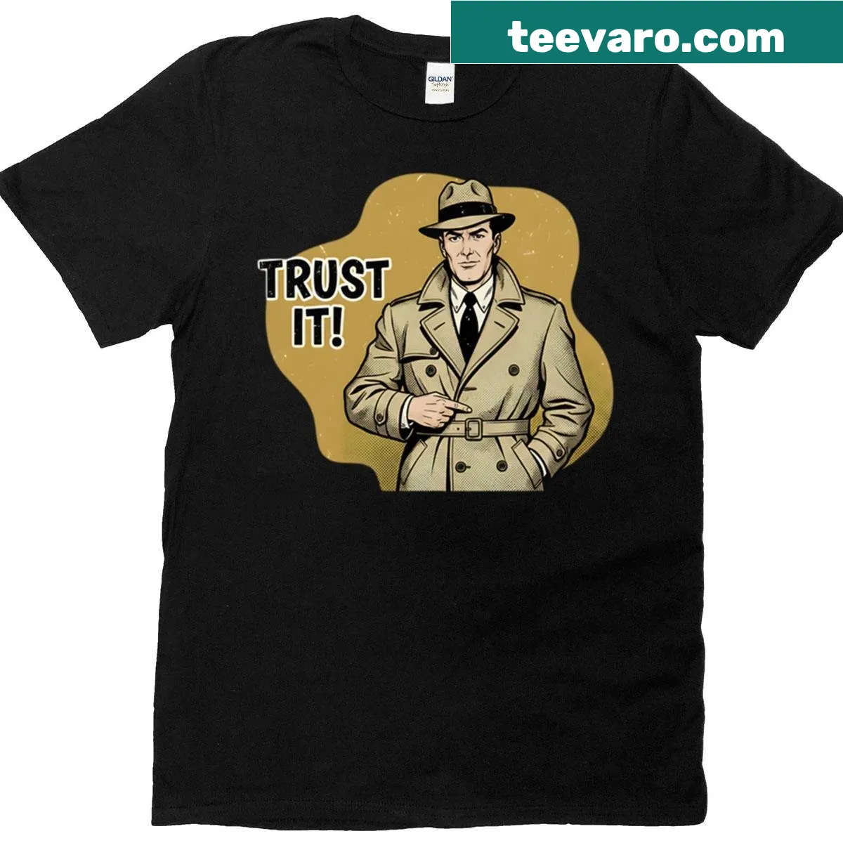 Retro comic detective T-shirt featuring film noir and spy themes — on a men's t-shirt