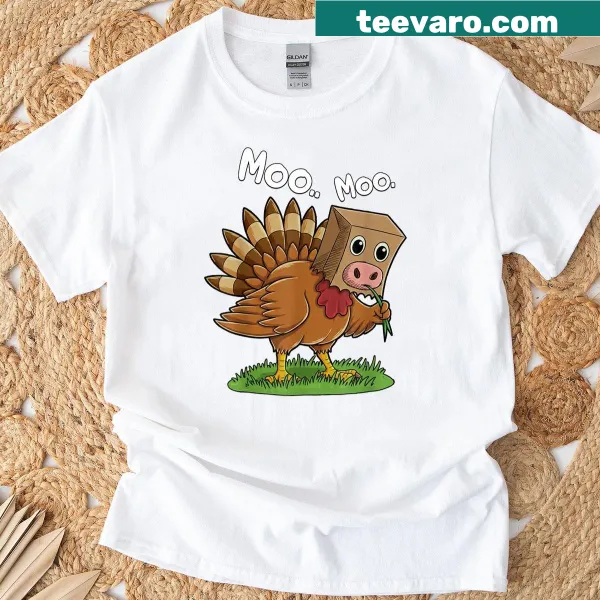 Funny Thanksgiving T-shirt with a cartoon turkey and cow