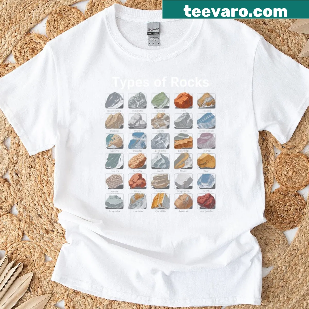 Typographic T-shirt displaying types of rocks for geologists — on a men's t-shirt