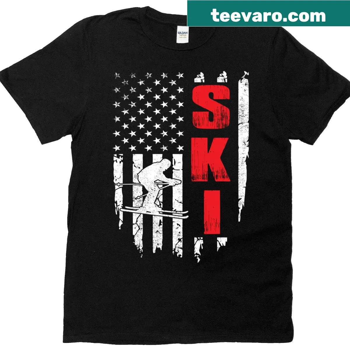 T-shirt featuring American flag and skiing design for winter sports lovers — on a men's t-shirt