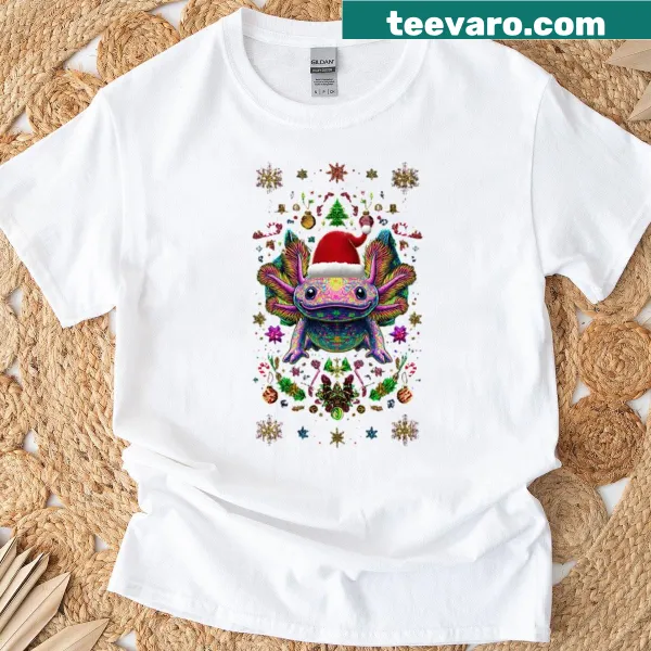 Cute T-shirt featuring a psychedelic axolotl in a Santa hat