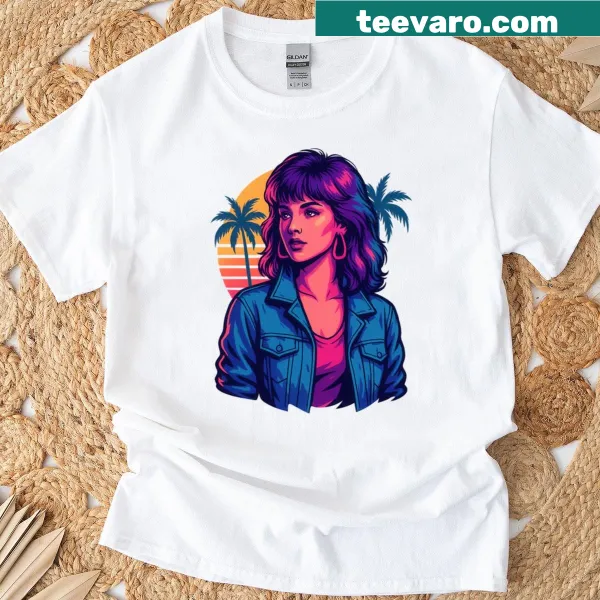 Retro illustration of a woman in a jacket with palm trees