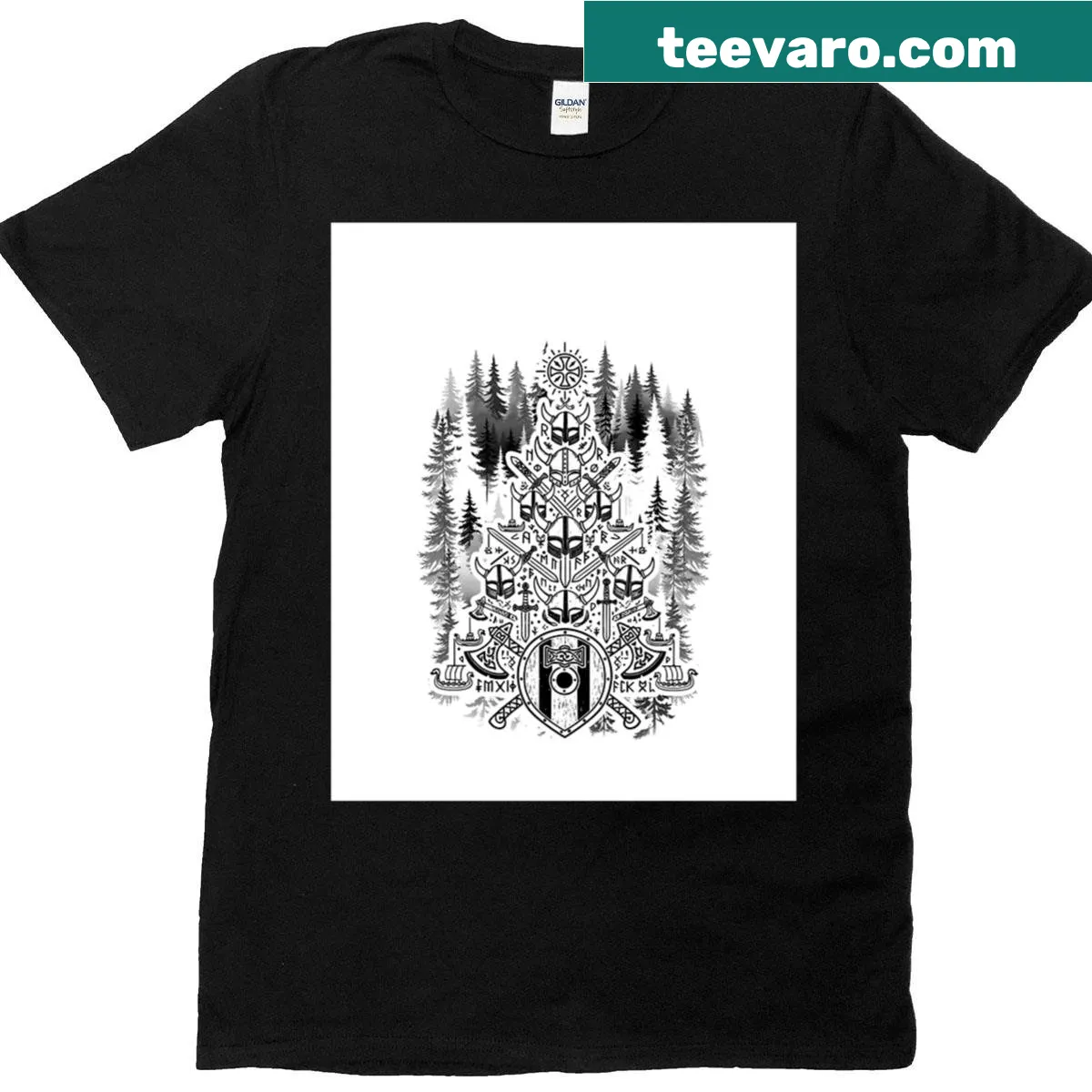 Viking Christmas tree T-shirt with runes and forest design — on a men's t-shirt