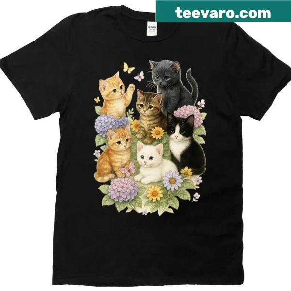 90s retro T-shirt with floral and kitty design