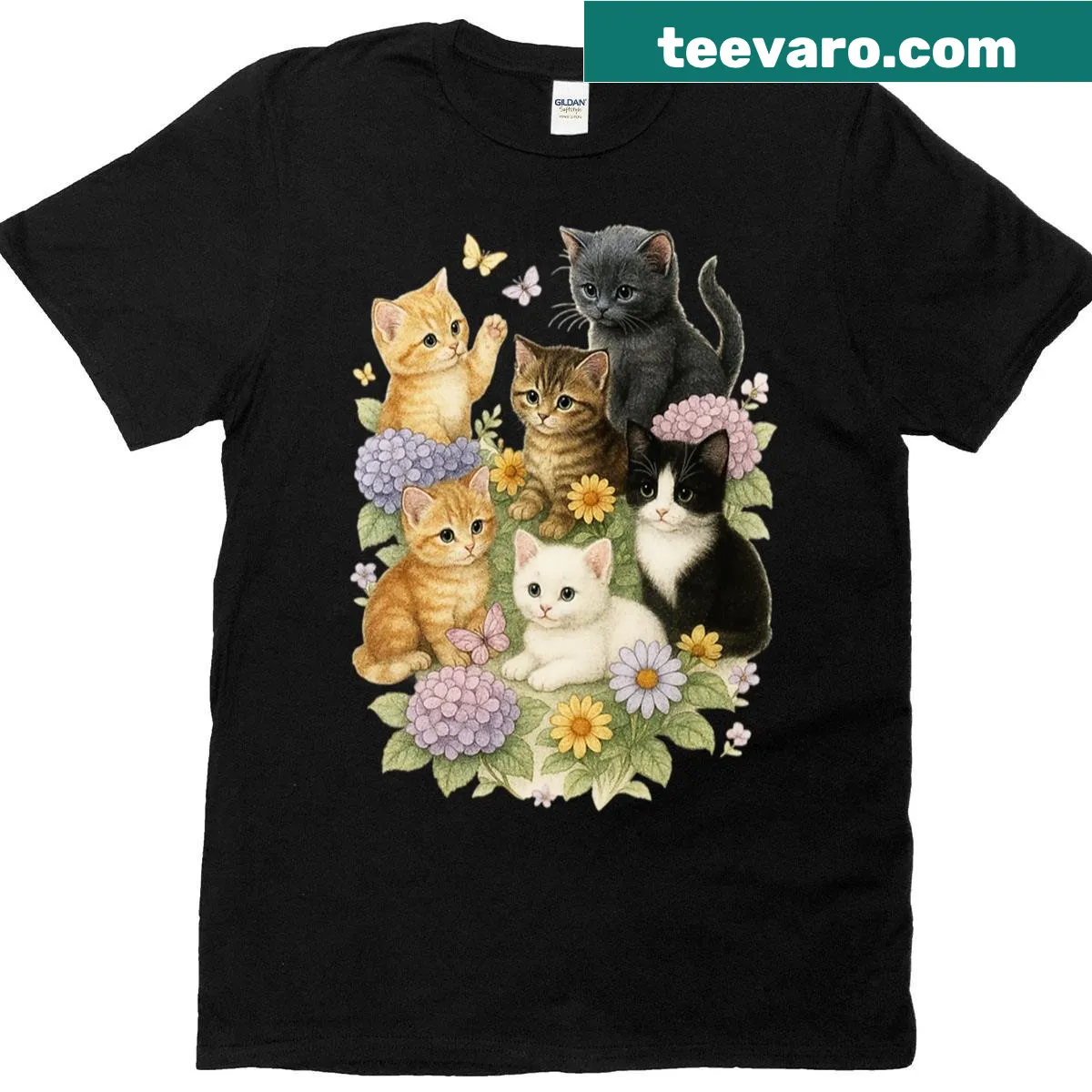 90s retro T-shirt with floral and kitty design — on a men's t-shirt