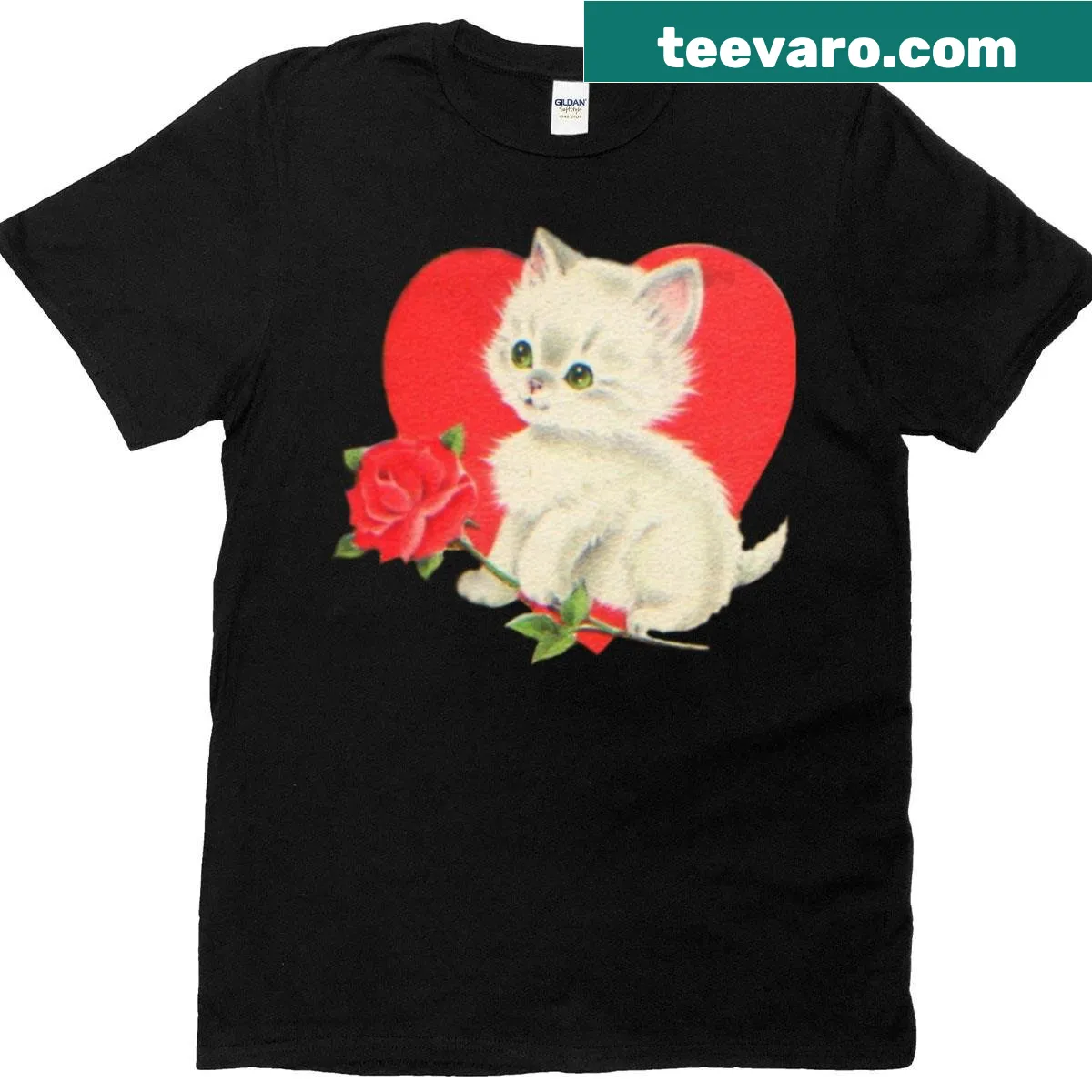 Vintage Cat T-shirt with rose and heart graphic — on a men's t-shirt