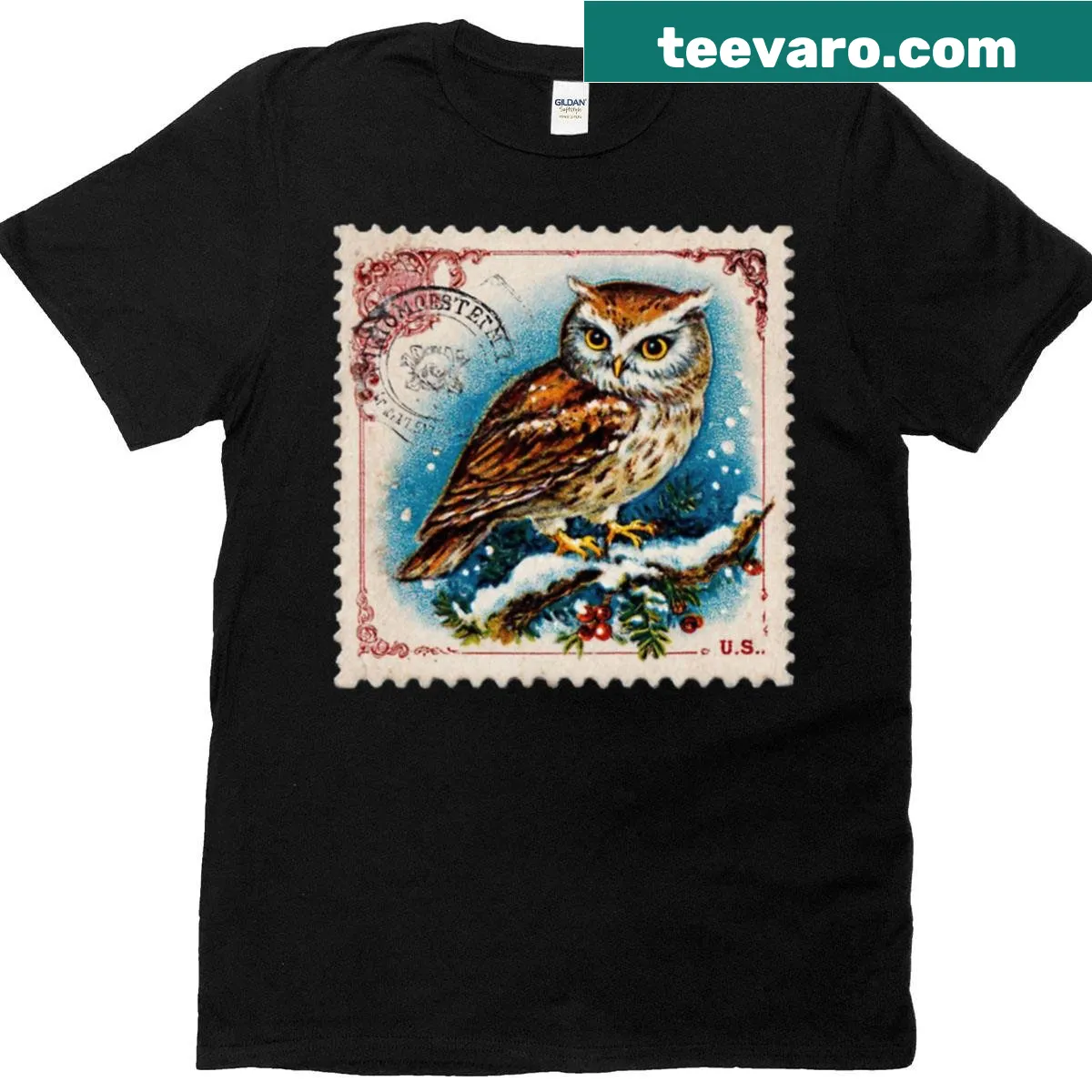 Vintage-style T-shirt featuring a Christmas owl stamp graphic — on a men's t-shirt