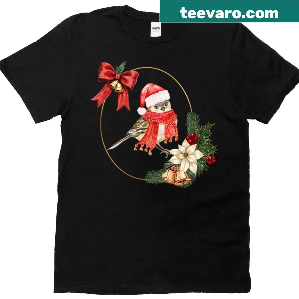 Cute illustrated Christmas t-shirt with a vintage bird pattern