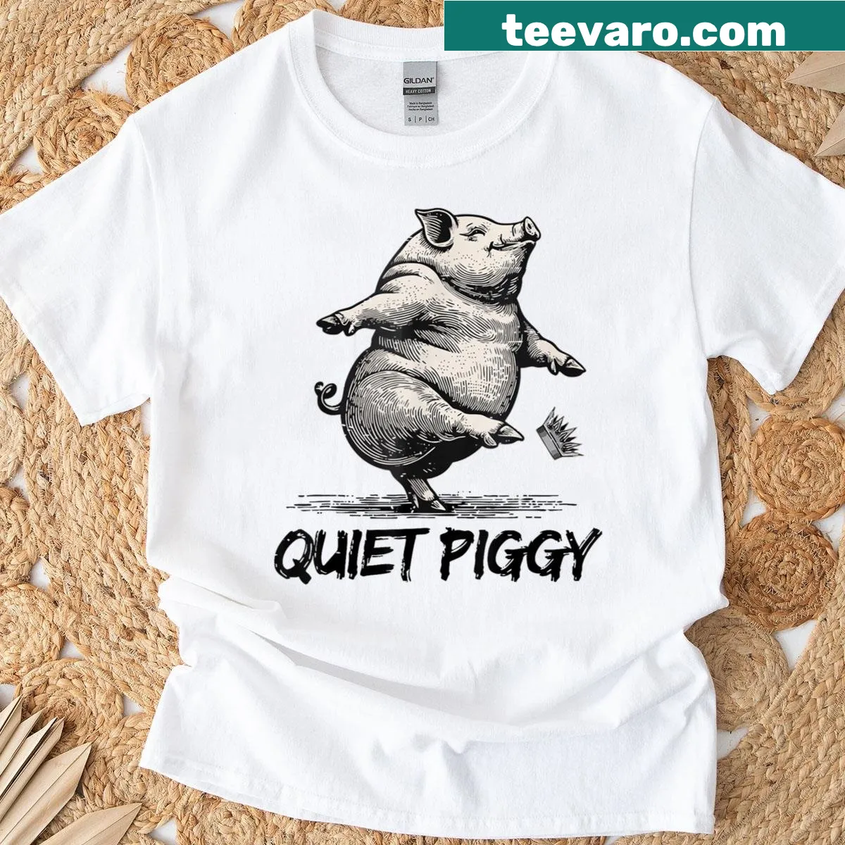 Vintage piggy graphic with humorous political text on t-shirt — on a men's t-shirt