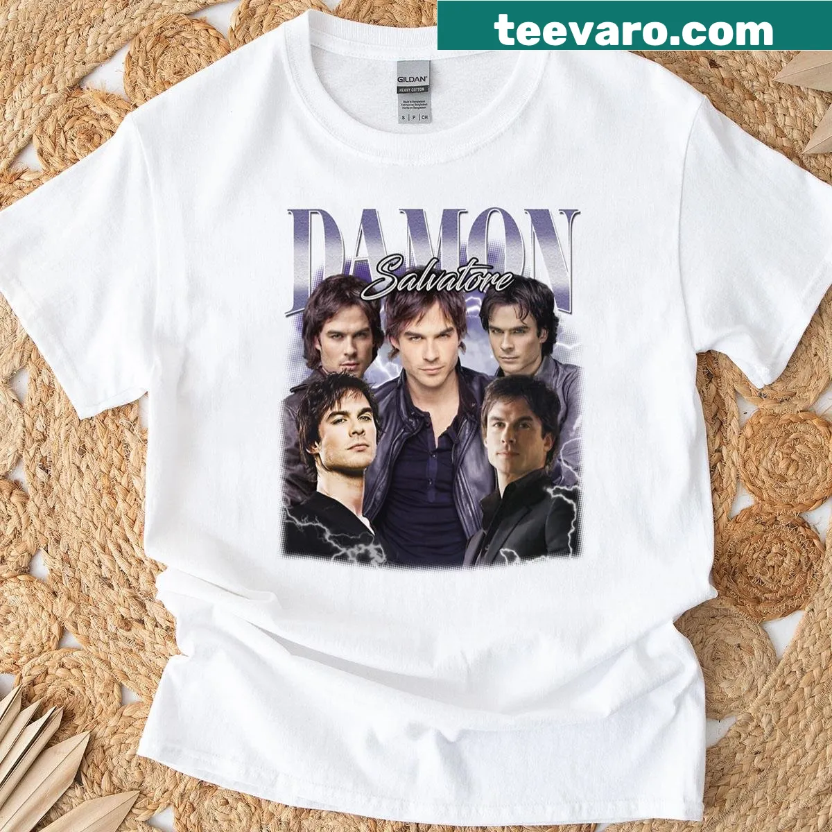 Vintage t-shirt featuring Damon Salvatore illustration — on a men's t-shirt