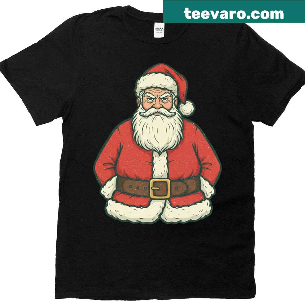 Grumpy Bad Santa shirt with naughty list text — on a men's t-shirt