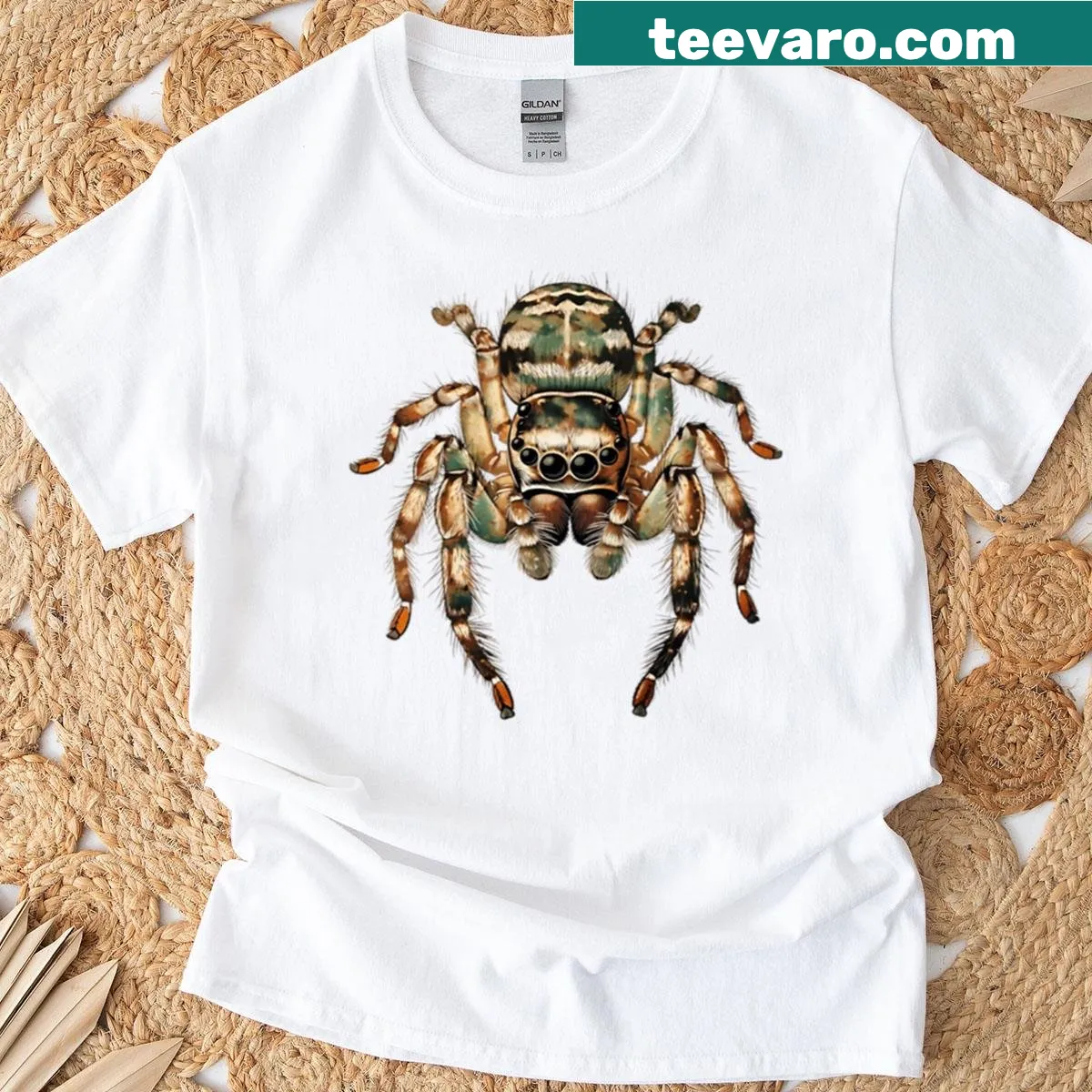 Vintage illustration of a jumping spider on a distressed T-shirt. — on a men's t-shirt