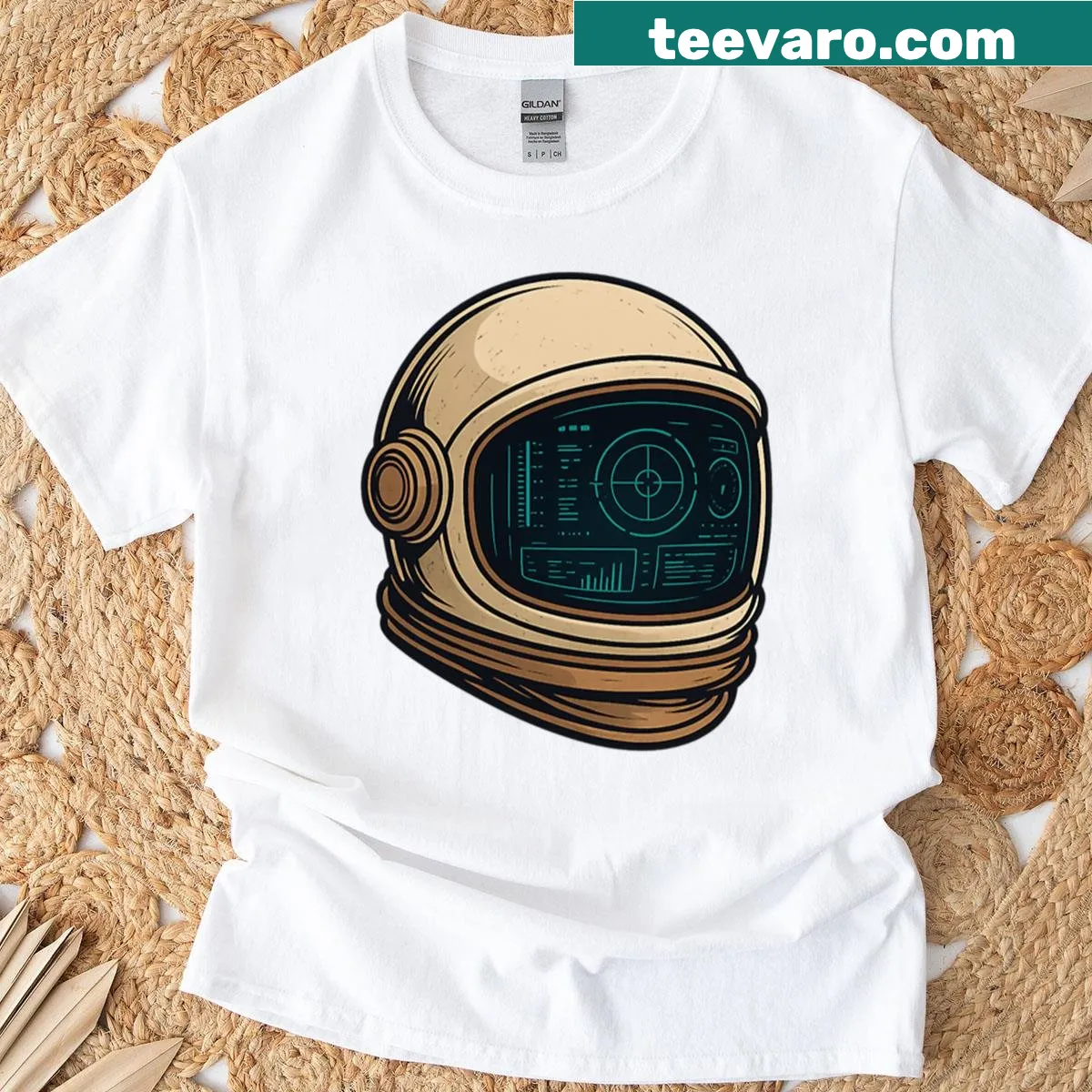 Vintage helmet illustration with modern digital HUD design on t-shirt — on a men's t-shirt
