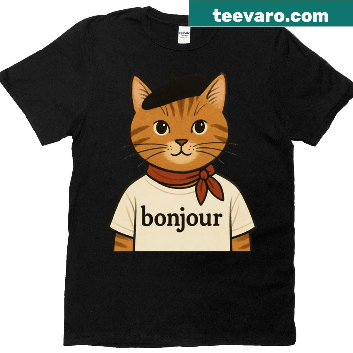Vintage kitten t-shirt with a 'Bonjour' greeting — on a men's t-shirt