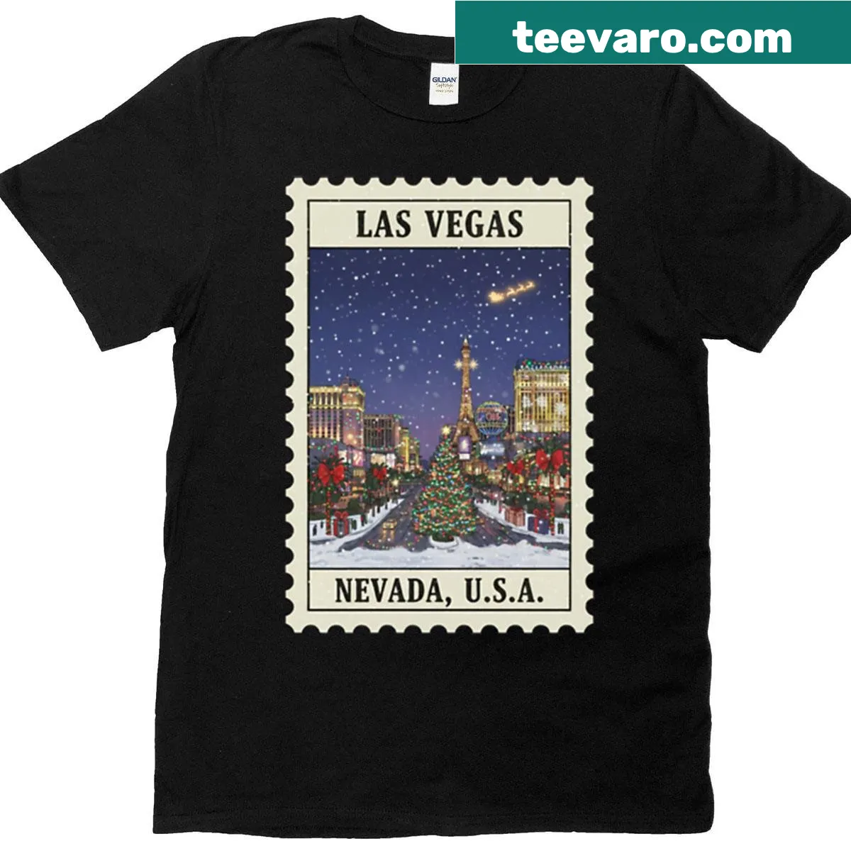 Vintage Las Vegas Christmas stamp oversized t-shirt — on a men's t-shirt