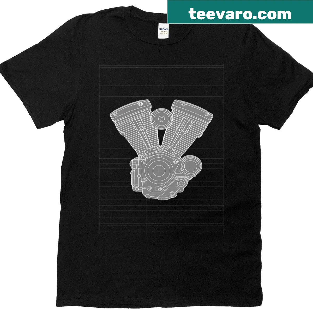 Vintage motorcycle engine blueprint illustration t-shirt — on a men's t-shirt