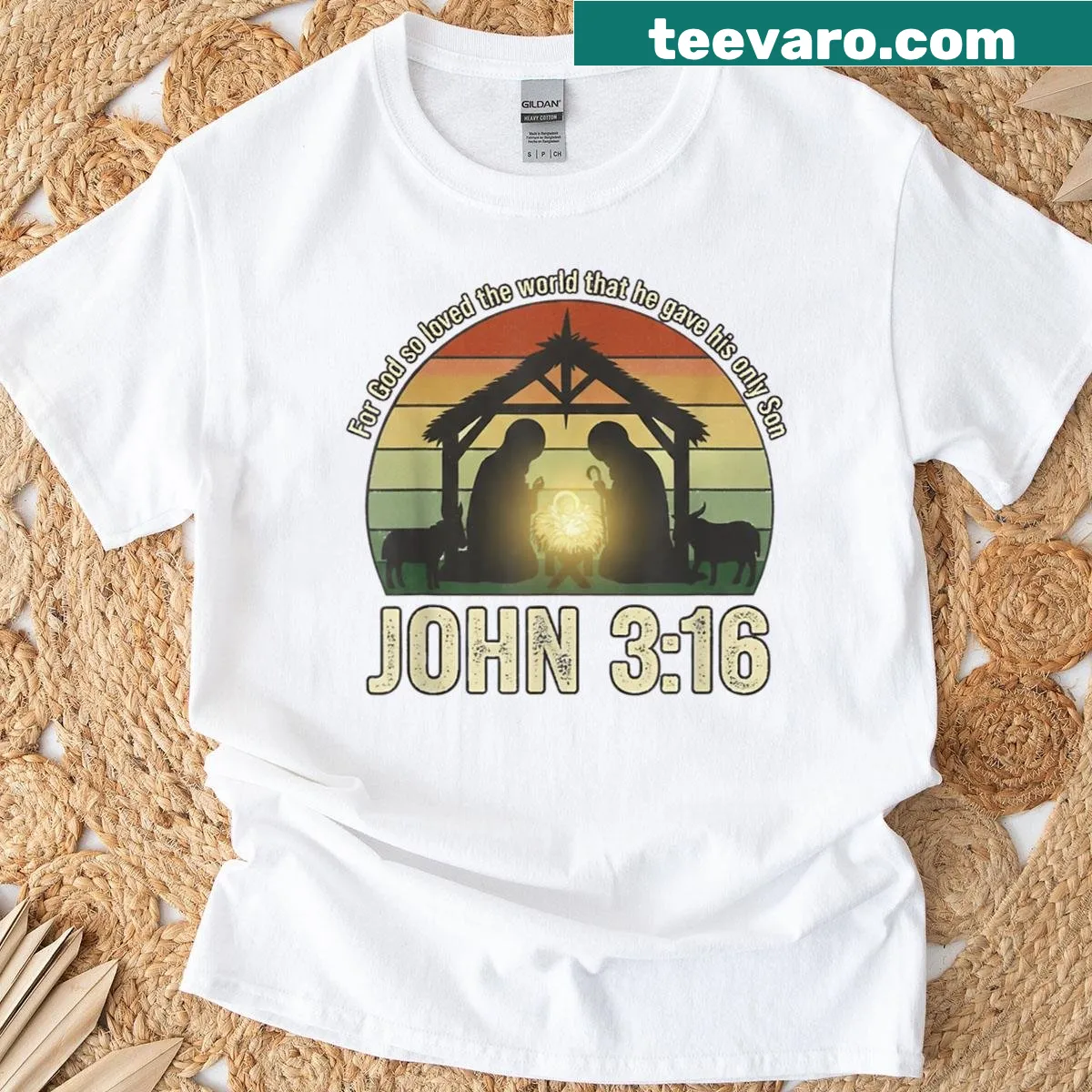 Vintage nativity scene with Bible verse graphic t-shirt — on a men's t-shirt