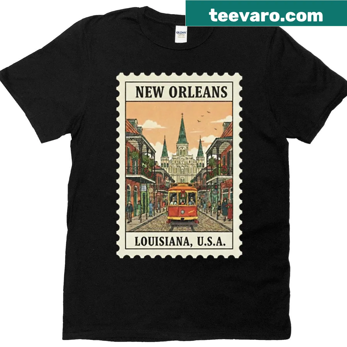 Vintage stamp illustration of New Orleans on a t-shirt. — on a men's t-shirt
