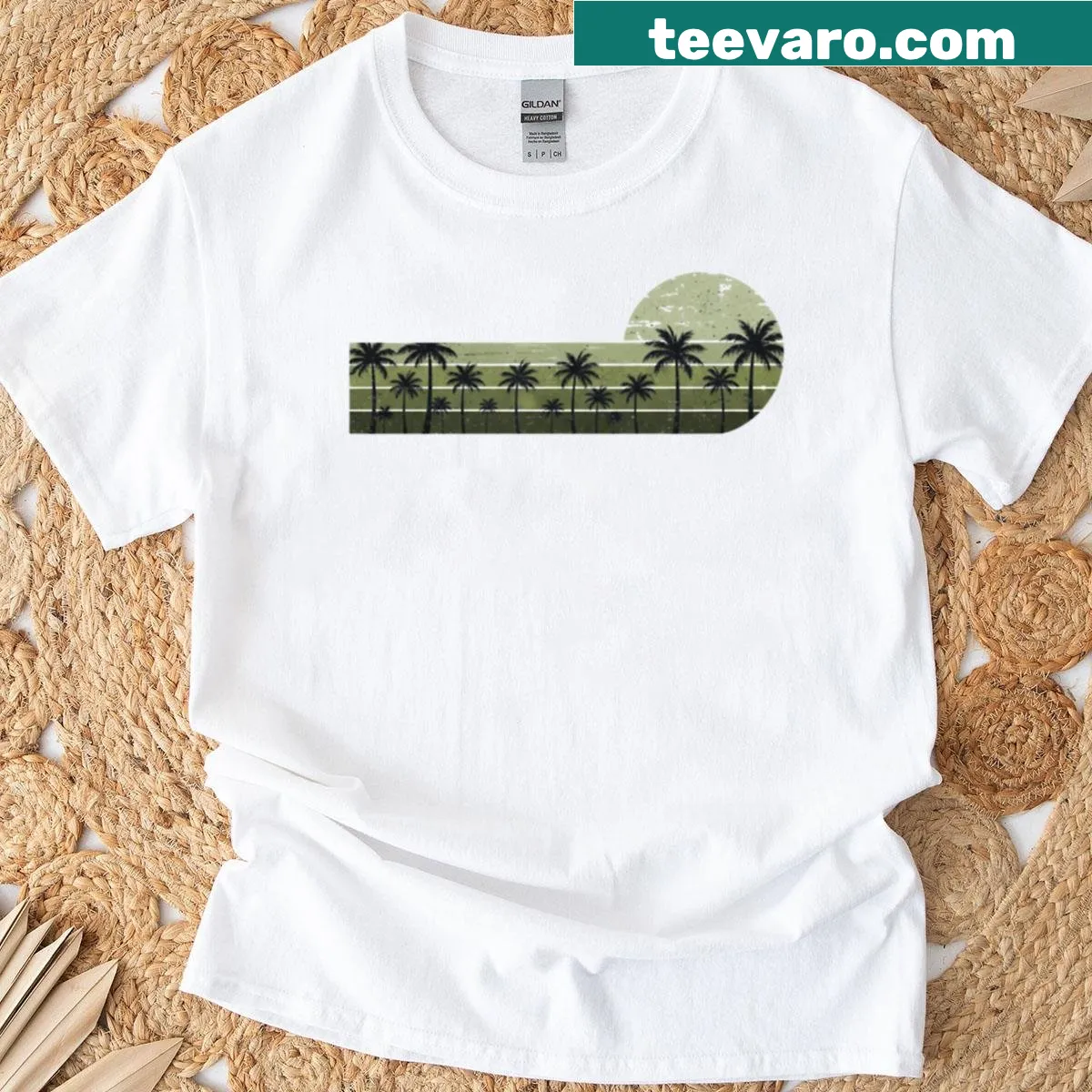 Retro sunset t-shirt featuring palm trees and a tropical landscape — on a men's t-shirt