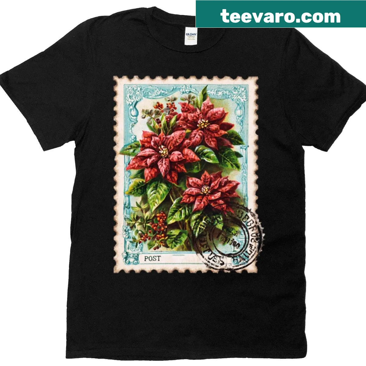 Vintage-style Christmas T-shirt featuring a poinsettia design — on a men's t-shirt