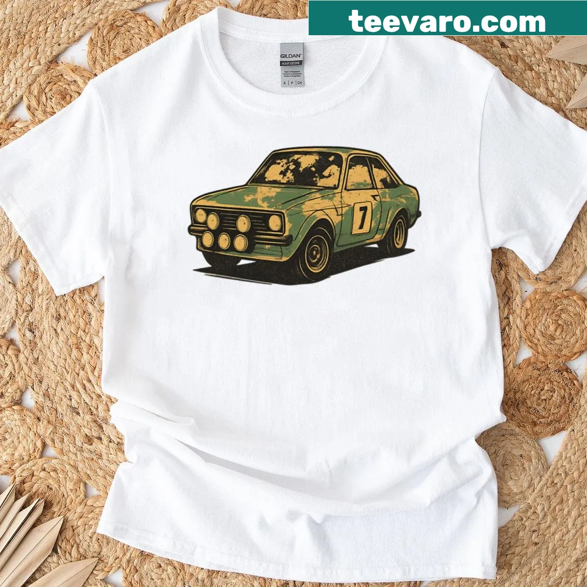 Vintage rally car design over a world map on a t-shirt — on a men's t-shirt