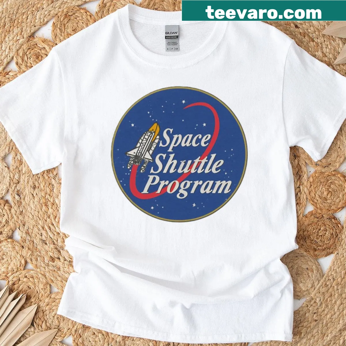 Vintage badge-style T-shirt honoring the Space Shuttle Program — on a men's t-shirt