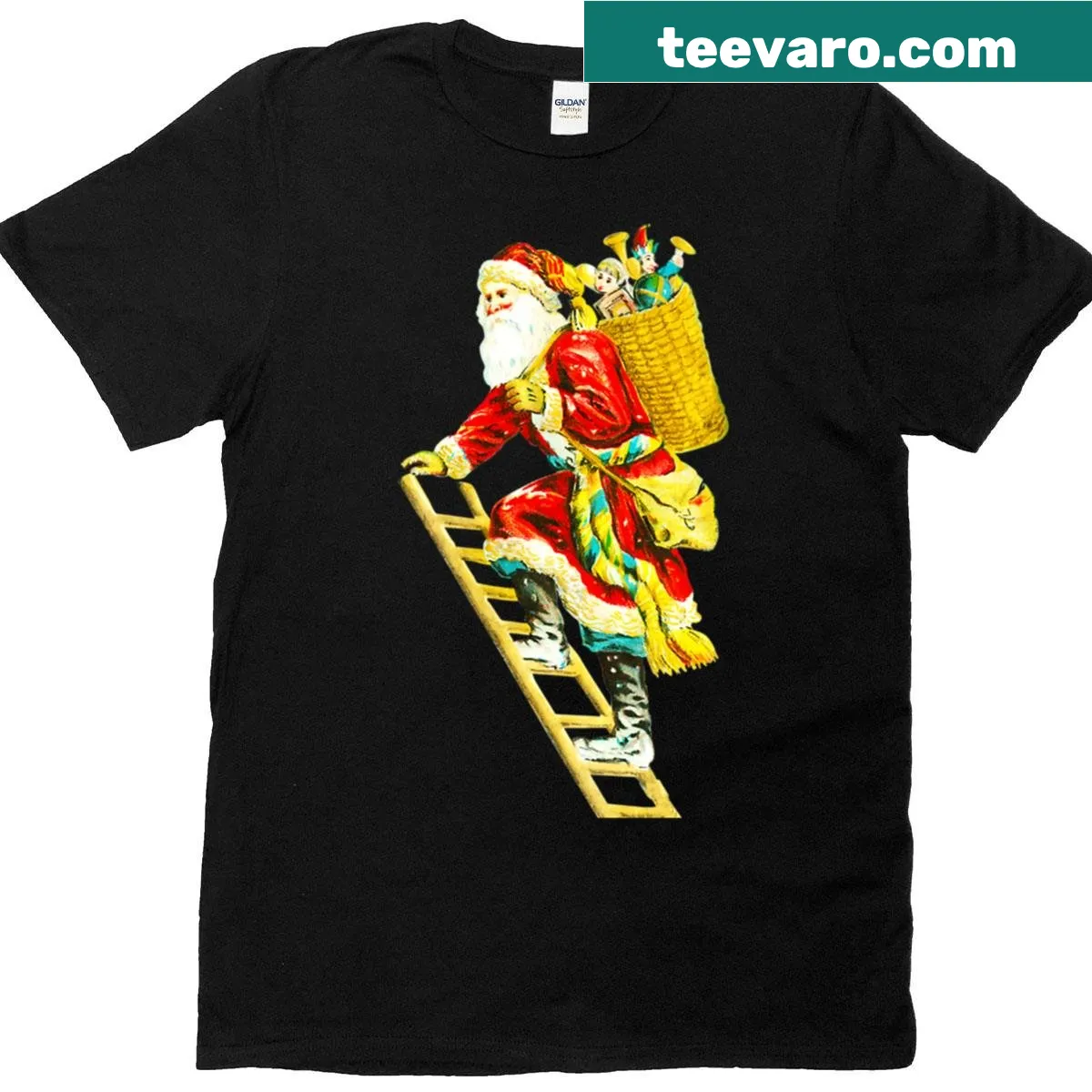 Vintage Santa climbing a ladder in a festive illustration t-shirt — on a men's t-shirt