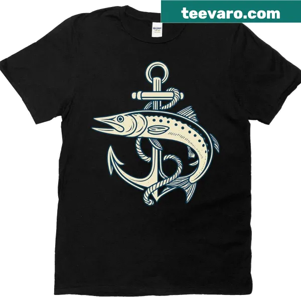 Vintage nautical t-shirt featuring a barracuda and anchor illustration.