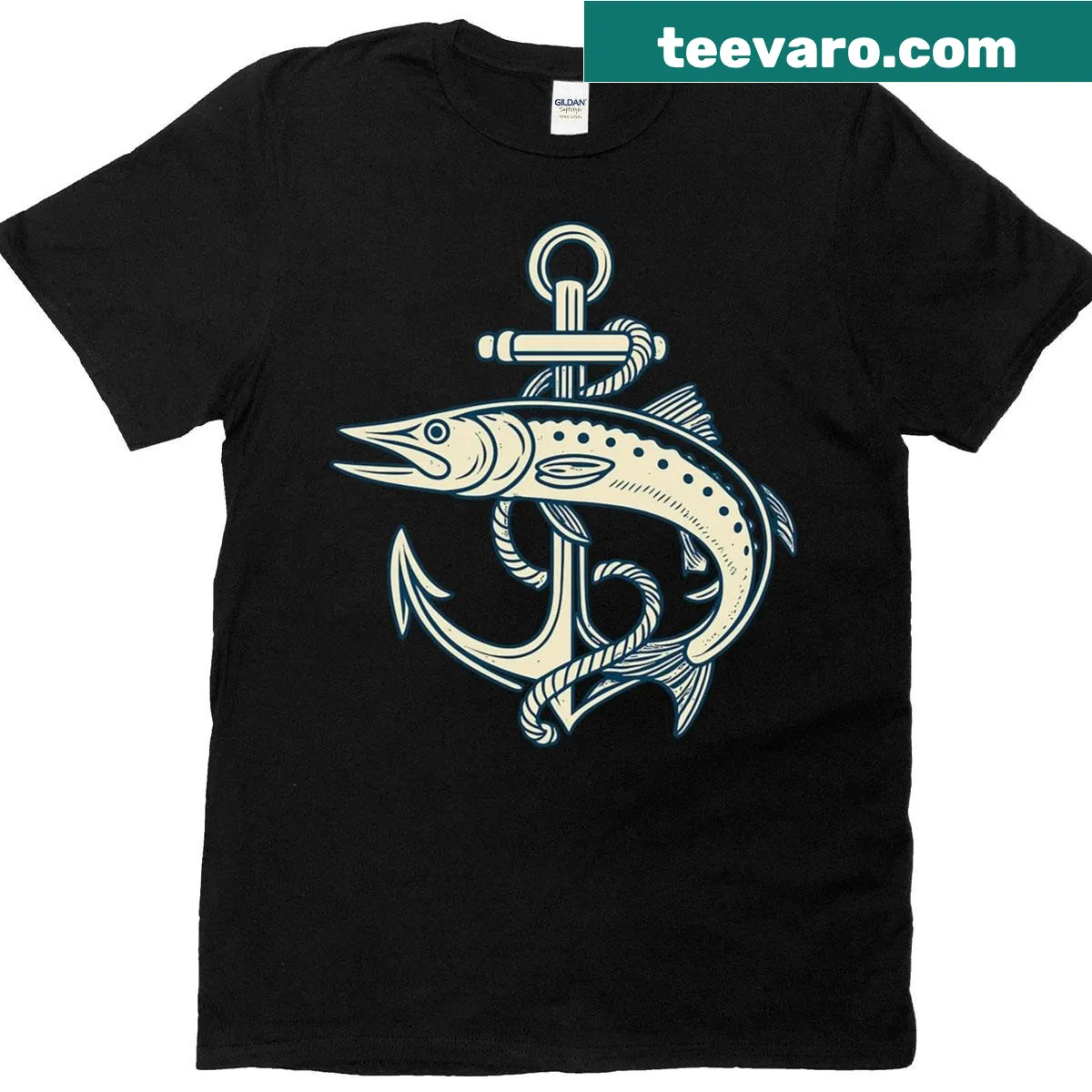Vintage nautical t-shirt featuring a barracuda and anchor illustration. — on a men's t-shirt