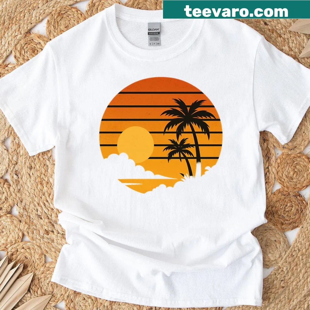 Vintage sunset palm trees design t-shirt, perfect for tropical lovers — on a men's t-shirt