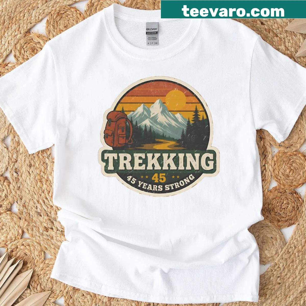 Vintage badge design celebrating 45 years of trekking — on a men's t-shirt