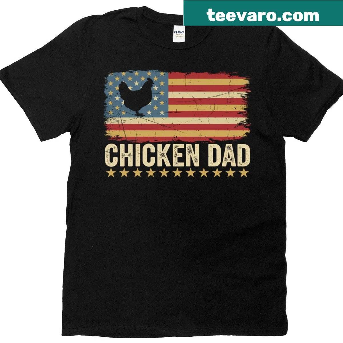 Patriotic chicken dad T-shirt with vintage American flag and stars — on a men's t-shirt