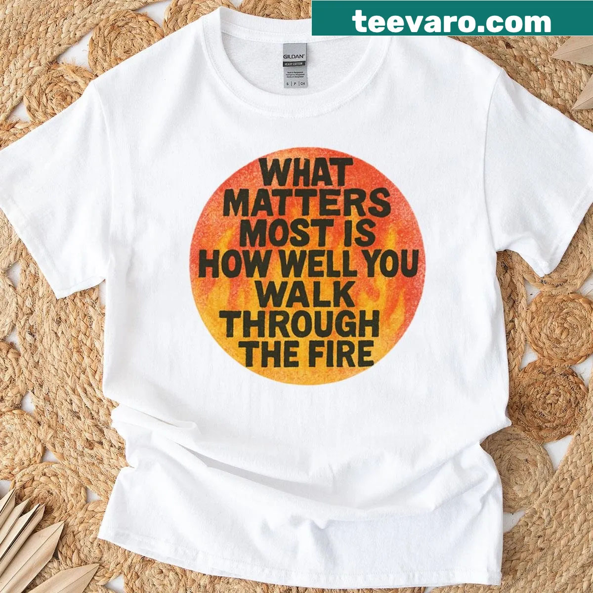 Illustrated T-shirt with the phrase 'Walk Through The Fire' by Bukowski — on a men's t-shirt