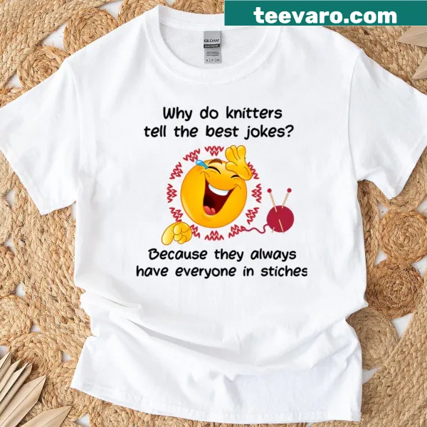 Funny T-shirt with text about knitters telling jokes