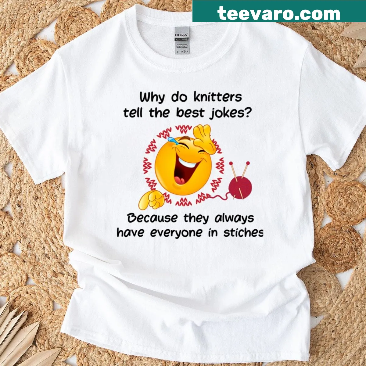 Funny T-shirt with text about knitters telling jokes — on a men's t-shirt