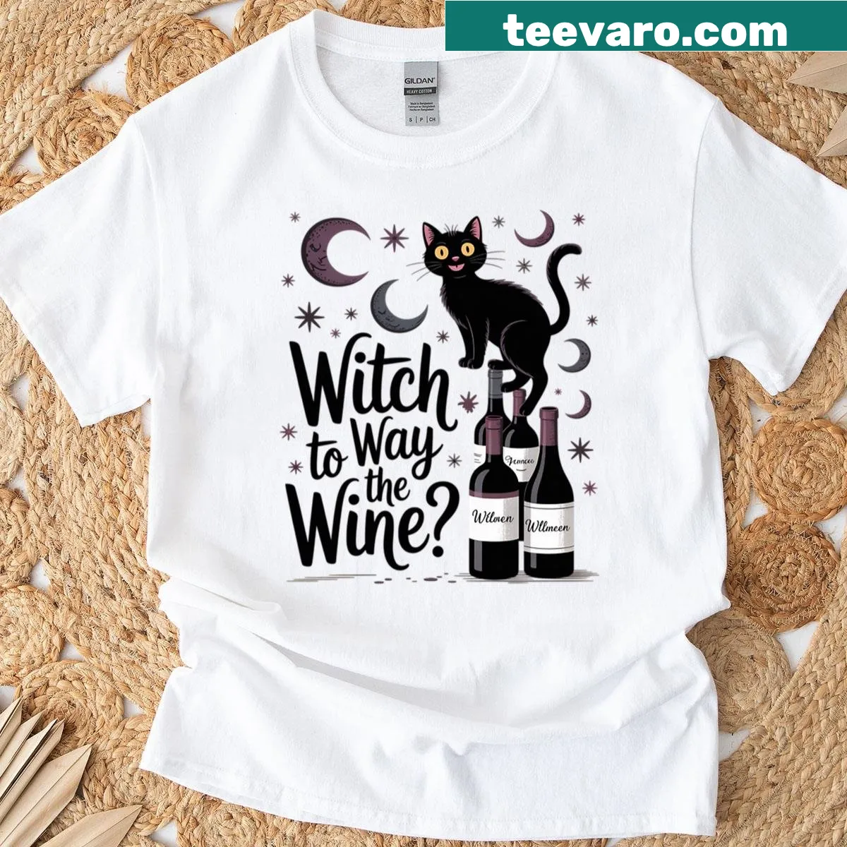 Funny Halloween t-shirt with 'Witch Way To The Wine' text — on a men's t-shirt